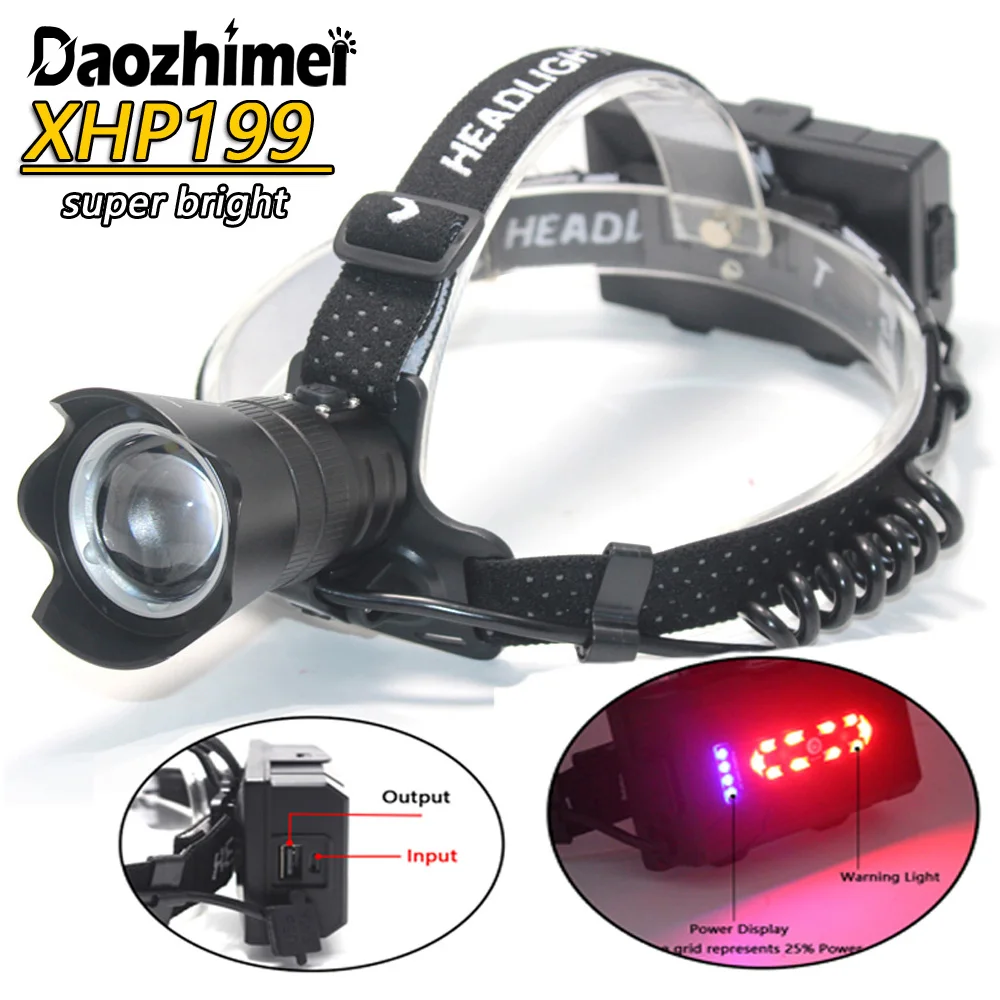 

Super Bright XHP199 LED Headlamp USB Rechargeable Zoom Head lamp Fishing Light 3 modes Waterproof Headlight Hunting Lanter