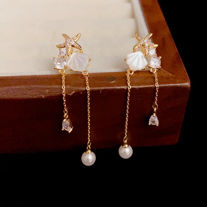 

925 Silver 14k Gold Plated Zircon Shell starfish Pearl Tassel Pendant Earrings For Women Party Cute Fine Jewelry Summer Ocean