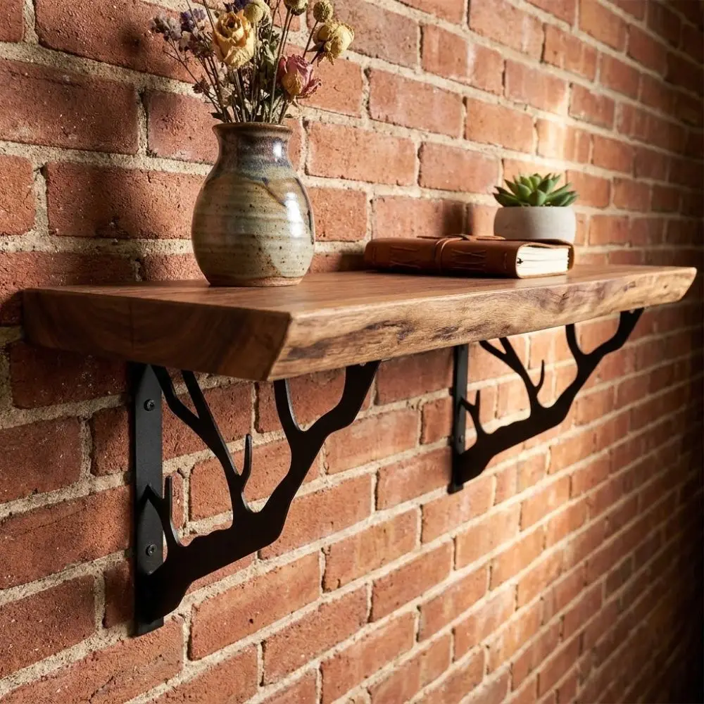 2Pcs Tree Shaped Metal Shelf Brackets Cast Iron Thickened Wall Mounted Brackets Triangular Heavy-Duty Decorative Shelf Bracket