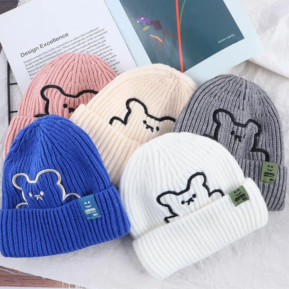 

Cute Girl Winter Embroidered Bear Autumn Stripe Korean Style Caps Women Beanies Wool Hat Knitted Hat