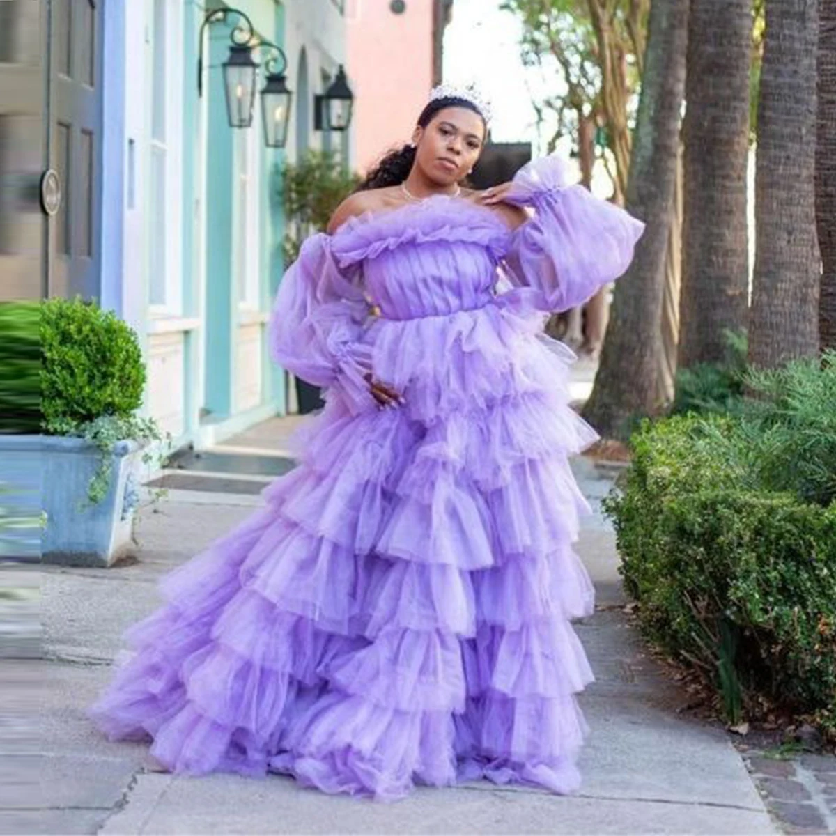 Wunderschöne lavendelfarbene schulterfreie Ballkleider mit langen Puffärmeln, Korea, abgestufte Abendkleider, Korsett, formelles Damenkleid