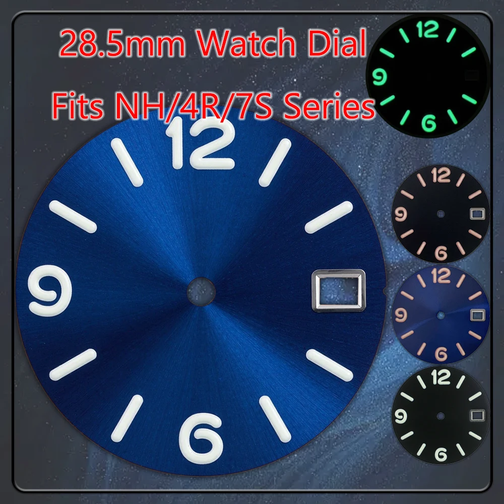 28.5mm Sunbrust Sandblast Dial Green Lume 6 9 12 Numerals Date Fits NH35 NH36 4R 7S 3 3.8 4.2 Crown Watch Replacement Mod Parts