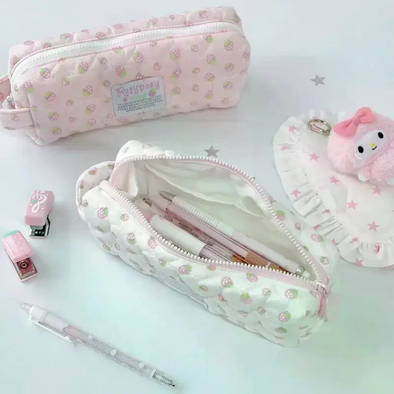 Soft Quilted Pencil Pouch With Lovely Strawberry Print And Large Capacity Perfect For School Students Office Stationery Storage