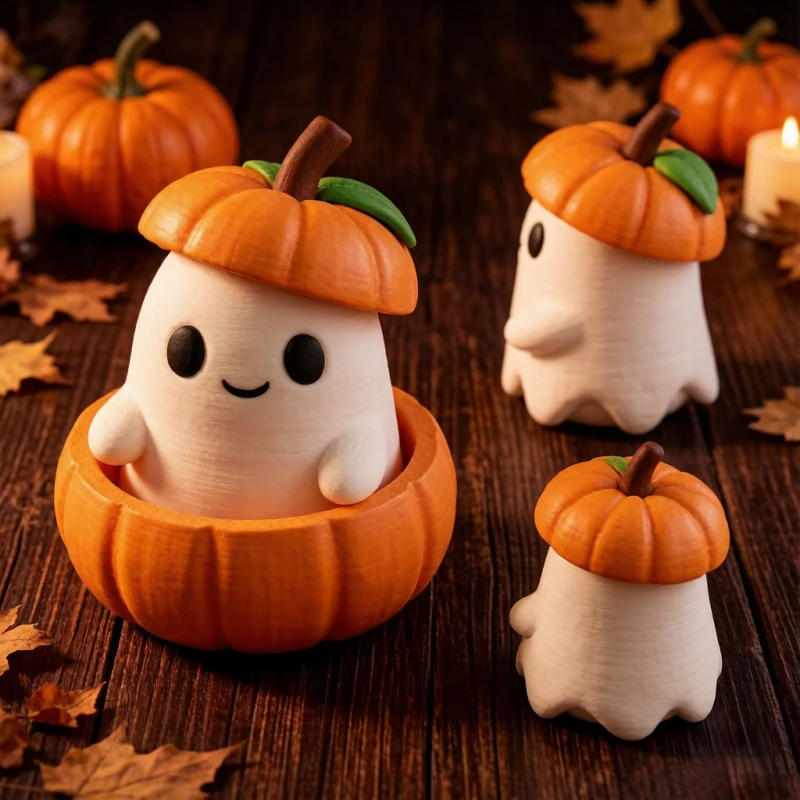 Halloween Cute Ghost Pumpkin Hat Figurine Fall Autumn Home Desktop Decor Ornament Halloween Surprise Gift for Kids Friends