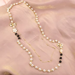 Camellia Bow Pearl Jewelry Multi-Layer Long Necklace For Women Bijoux Fashion Classic Beads Sweater chain Necklaces