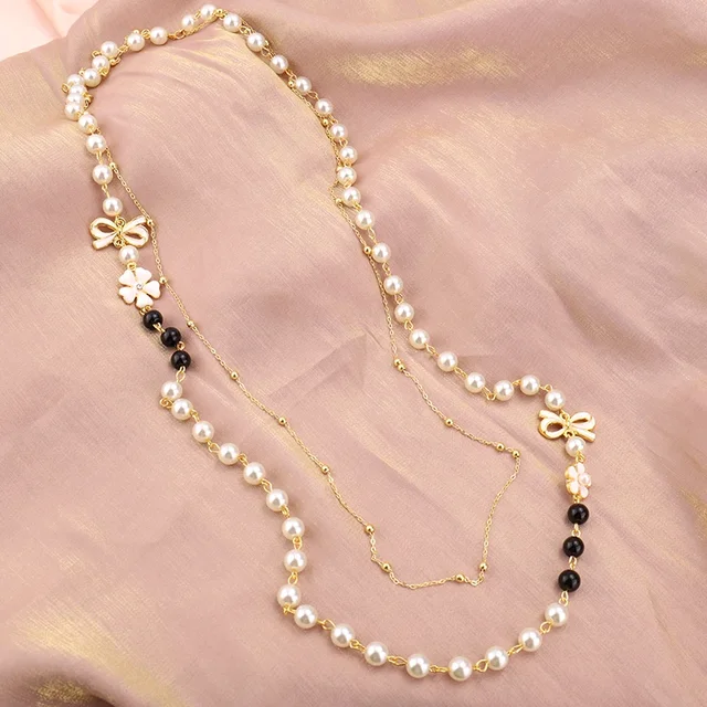 Kamelia Bow perła biżuteria wielowarstwowy długi naszyjnik dla kobiet Bijoux moda klasyczne koraliki sweter łańcuszek naszyjniki