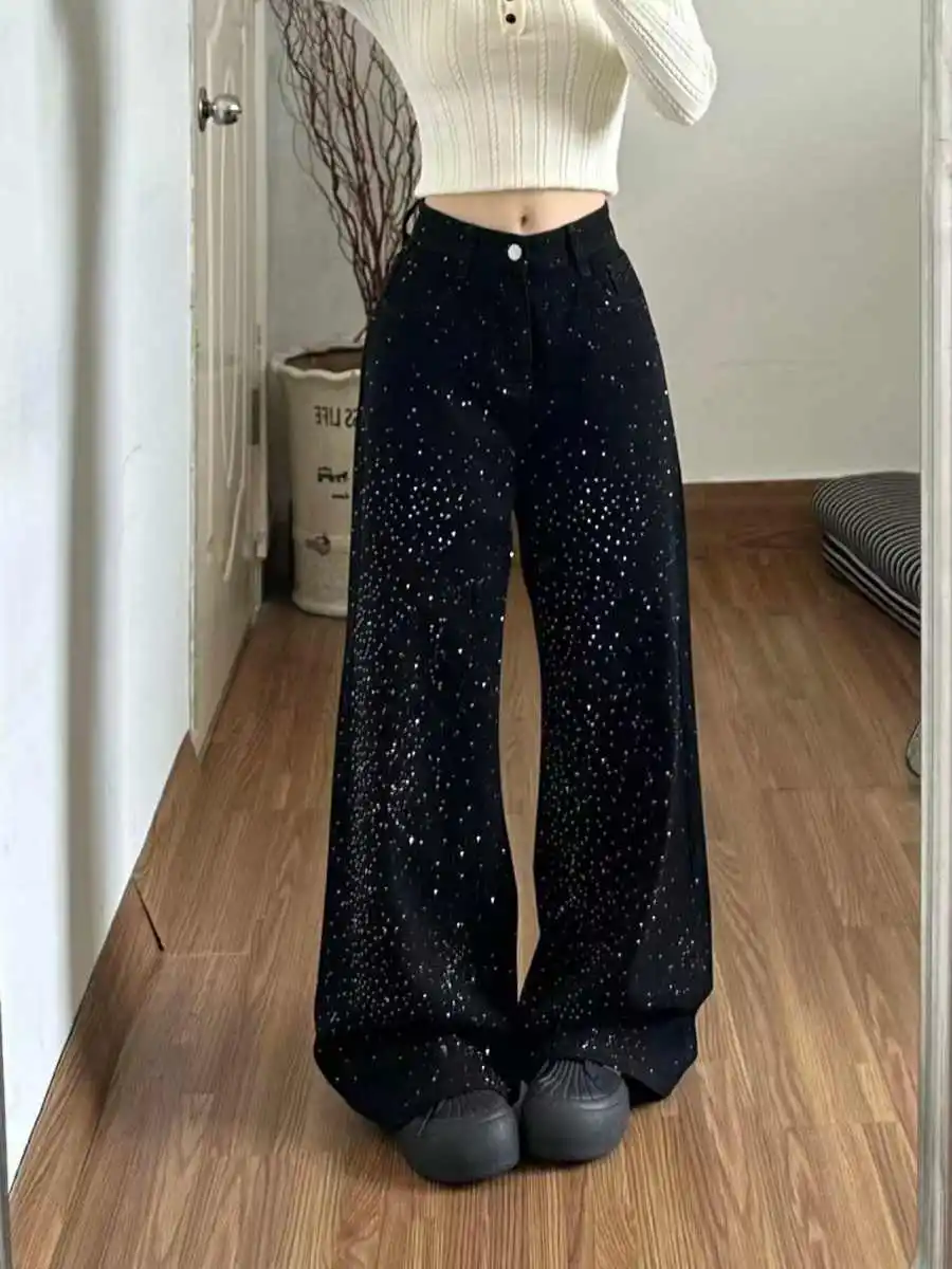 

Женские джинсы с высокой талией, украшенные стразами, в стиле панк, свободного кроя, в стиле гранж, Y2K, американское ретро, японский стиль Харадзюку, в стиле гоблин-кор, новинка