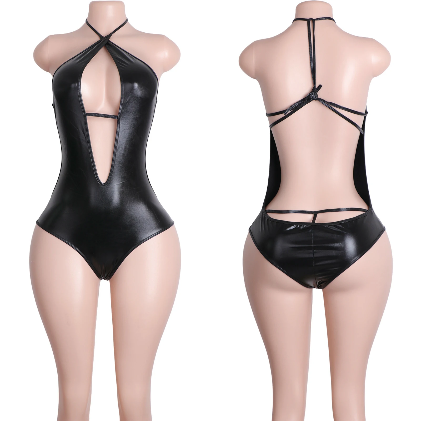 Lackleder-Body, Tanga, String, sexy Clubwear, eng anliegendes Dessous-Outfit, Damen-Tanzbekleidung, Riemen-Body, elegant