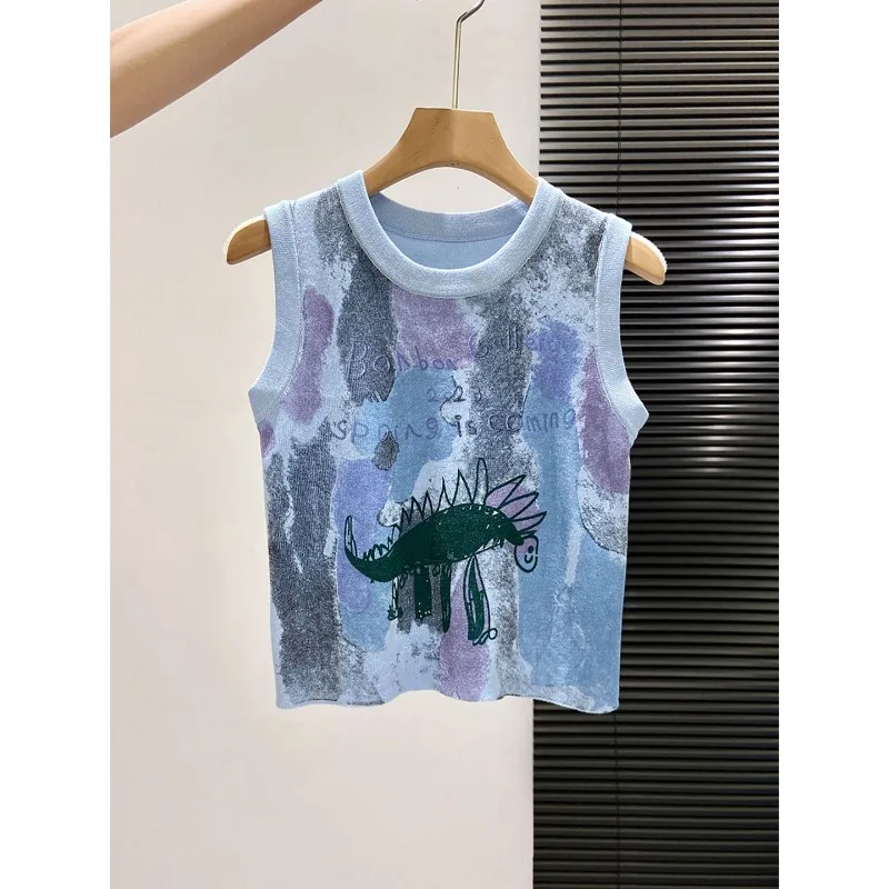 Women's American Retro Cartoon Doodle Knit Tank Top Sleeveless Slim Fit Summer Casual Outerwear Inner Wear Top