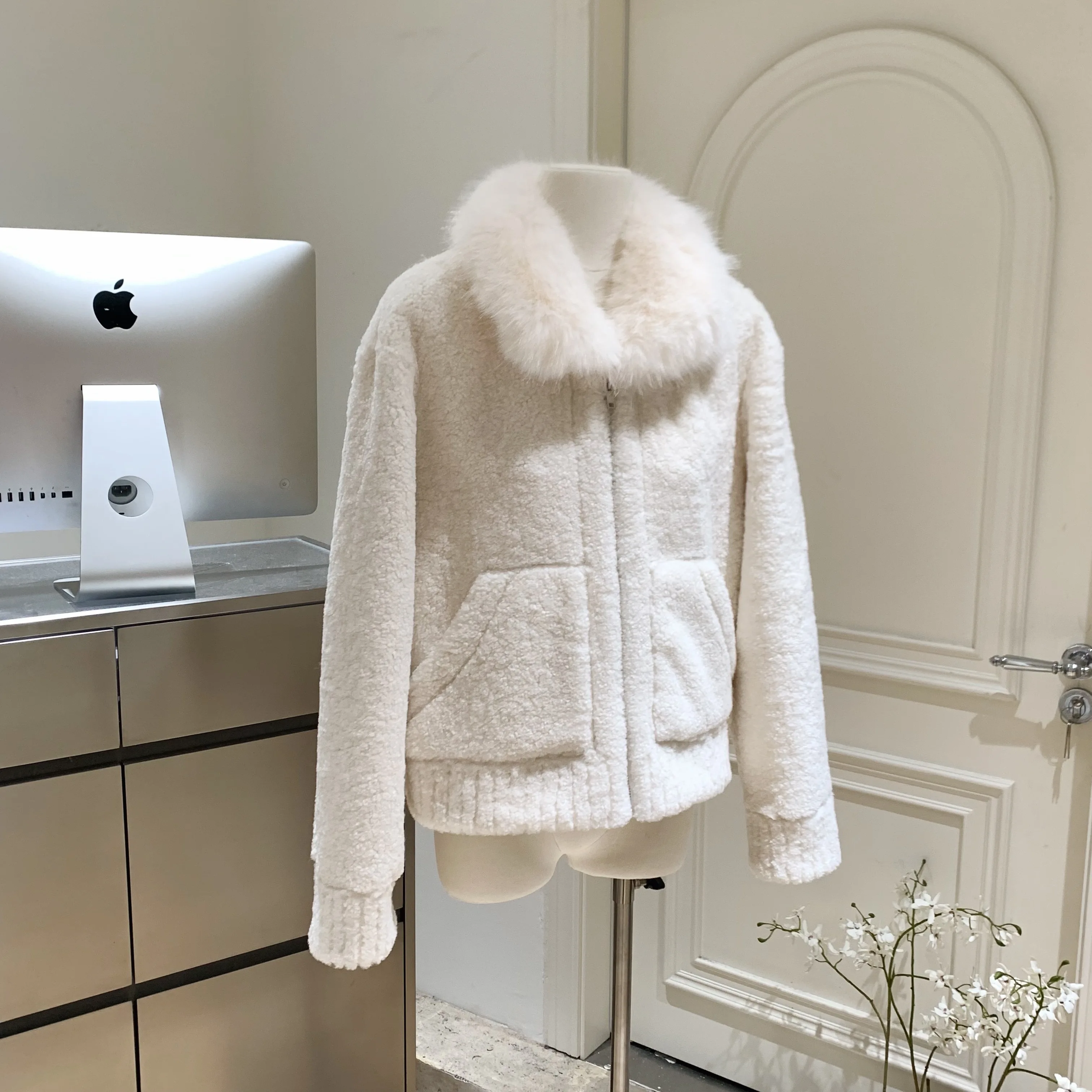 Giacca da donna in lana sintetica a maniche lunghe con collo in pelliccia sintetica autunno inverno da donna Top capispalla caldo e spesso in pelliccia sintetica soffice