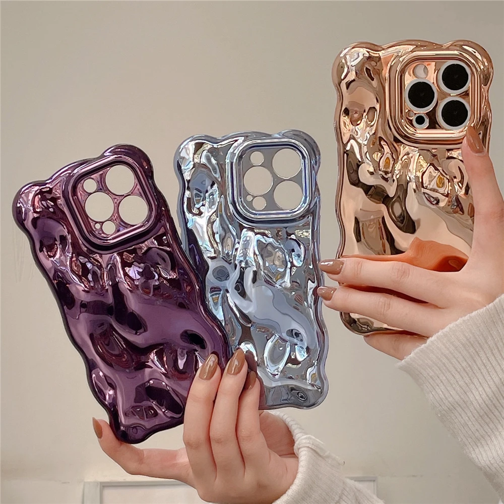 Luxury Plating Wrinkle Wavy Curly Edge Case For iPhone 16 15 11 12 13 14 Pro Max Plus 3D Unevenness Soft Camera Protection Cover