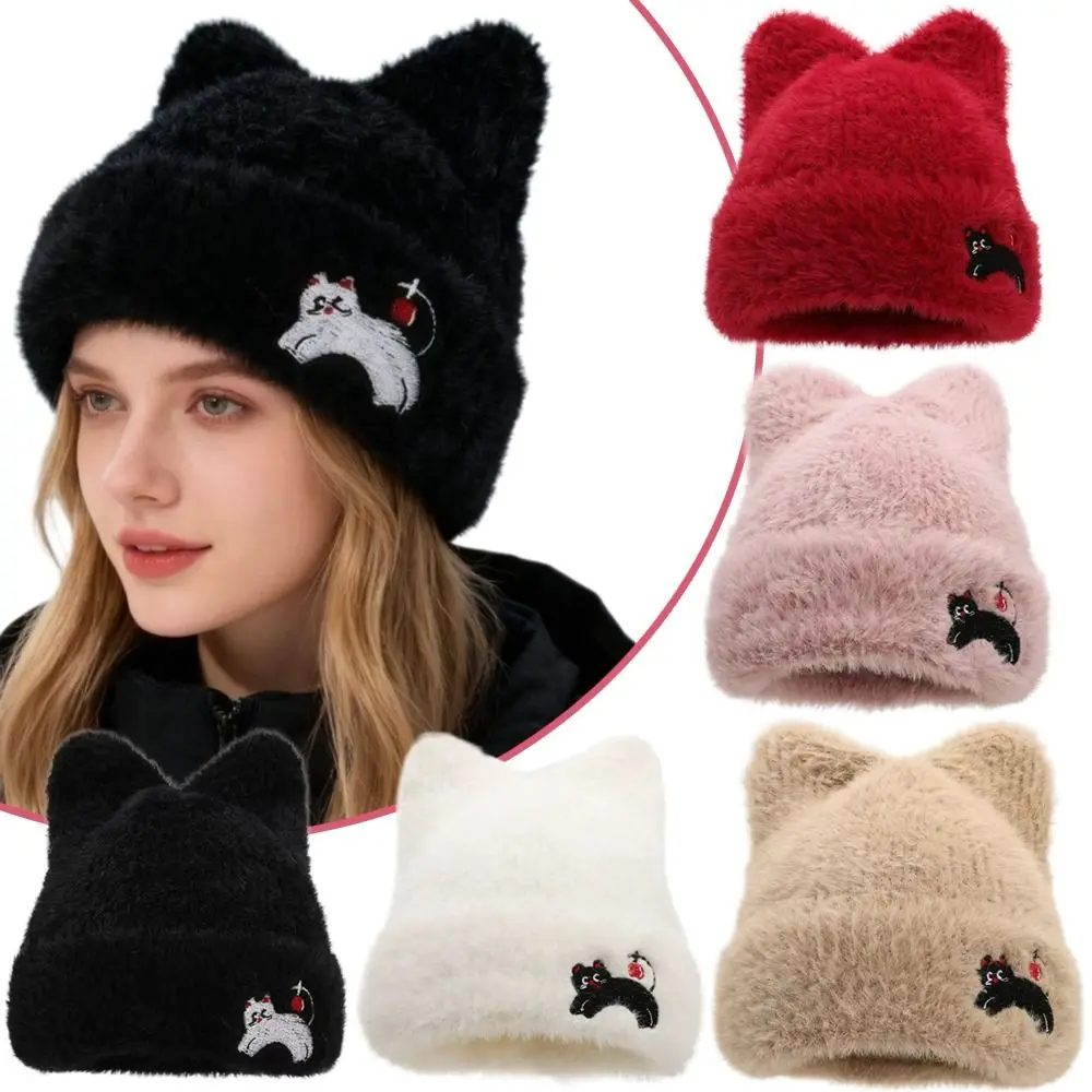 

Casual Cute Cat Ear Warm Hat Thickened Ear Protection Cap Keep Warm Windproof Wool Knitted Hat for Women