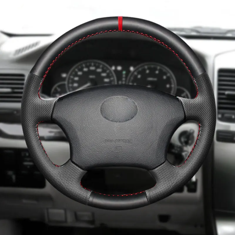 Car Steering Wheel Cover Leather Trim For Toyota Land Cruiser Prado 120 2003-2007 Tacoma 2005-2011 For Lexus LS400 with red bar