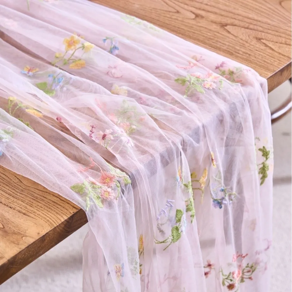Embroidery Floral Table Runner Delicated 75x180 75x300 Lace Tulle Runner Flower Butterfly Table Cloth Decor for Bridal Shower