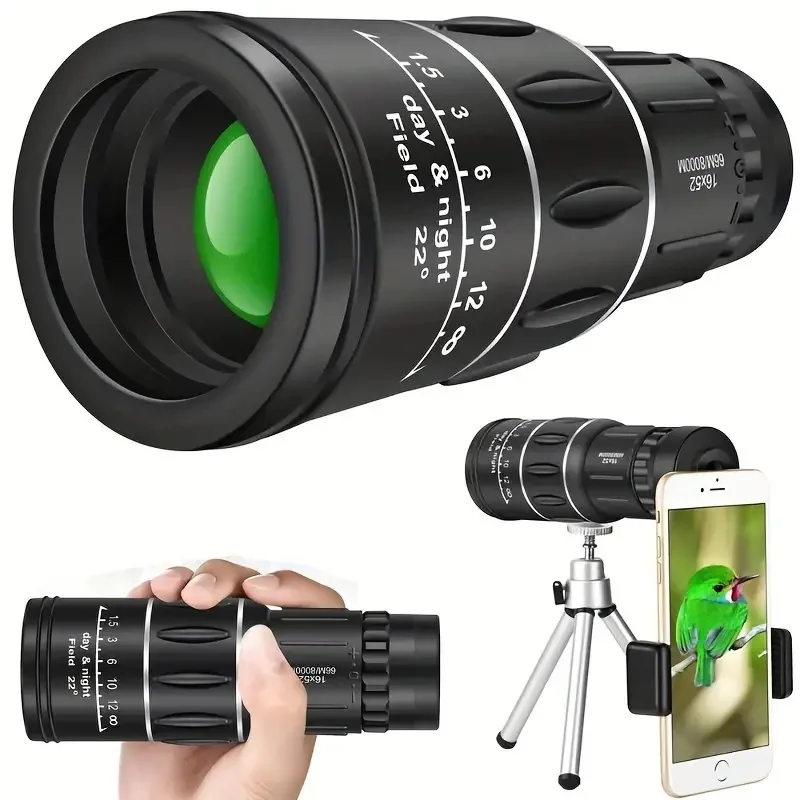 16x52 Outdoor Portable High Definition Green Film Monocular Telescope，HD Scope  Low Light Hiking Concert Photography Telescope