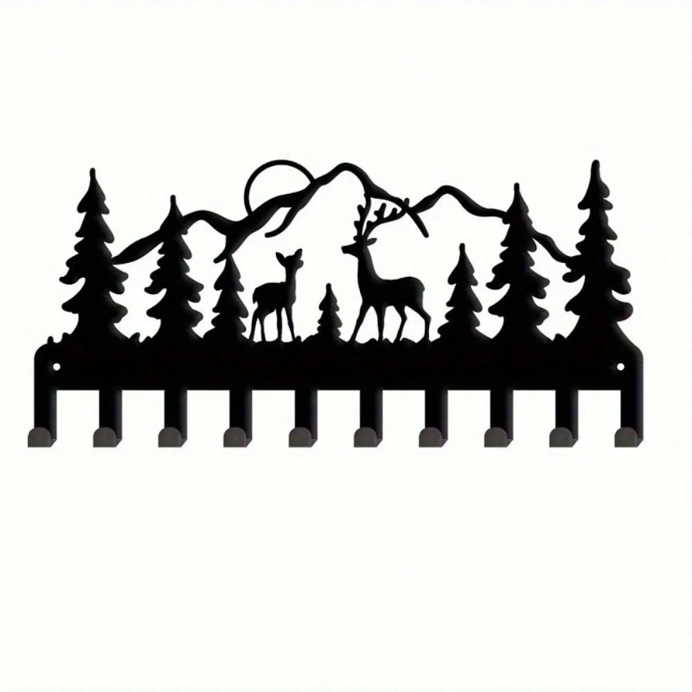 Modern Deer Forest Metal Wall Hook Rack with Screws, Black Entry Organizer, Space Saving Hanger for Hats Scarves Towels