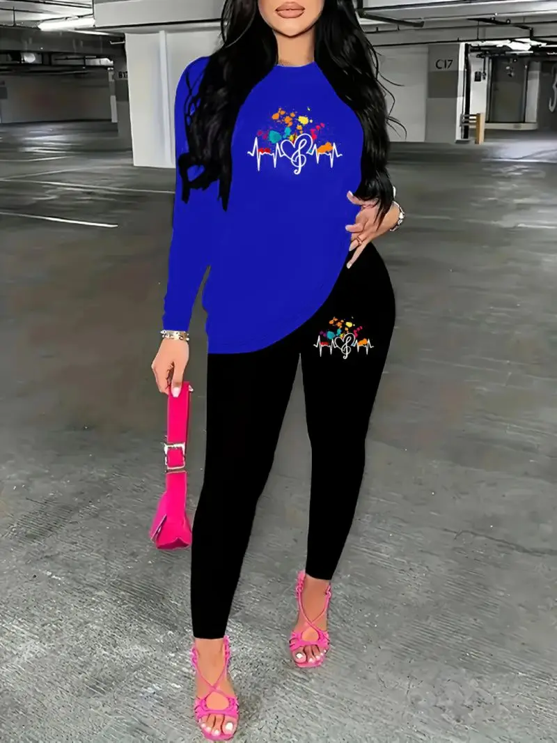 Round neck long sleeved top paired with slim fit pants, women's casual and fashionable two-piece set