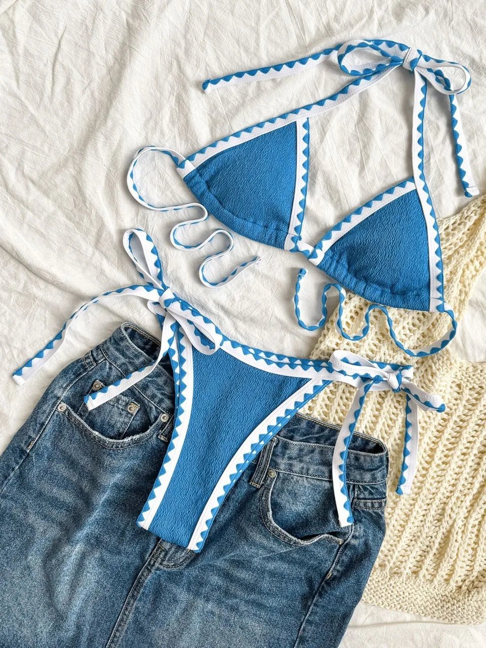 

Sexy String Halter Bikini 2025 Triangle Swimsuit Women Solid Stitch Detail Swimwear Female Bathers Bathing Swim Suit Beachwear