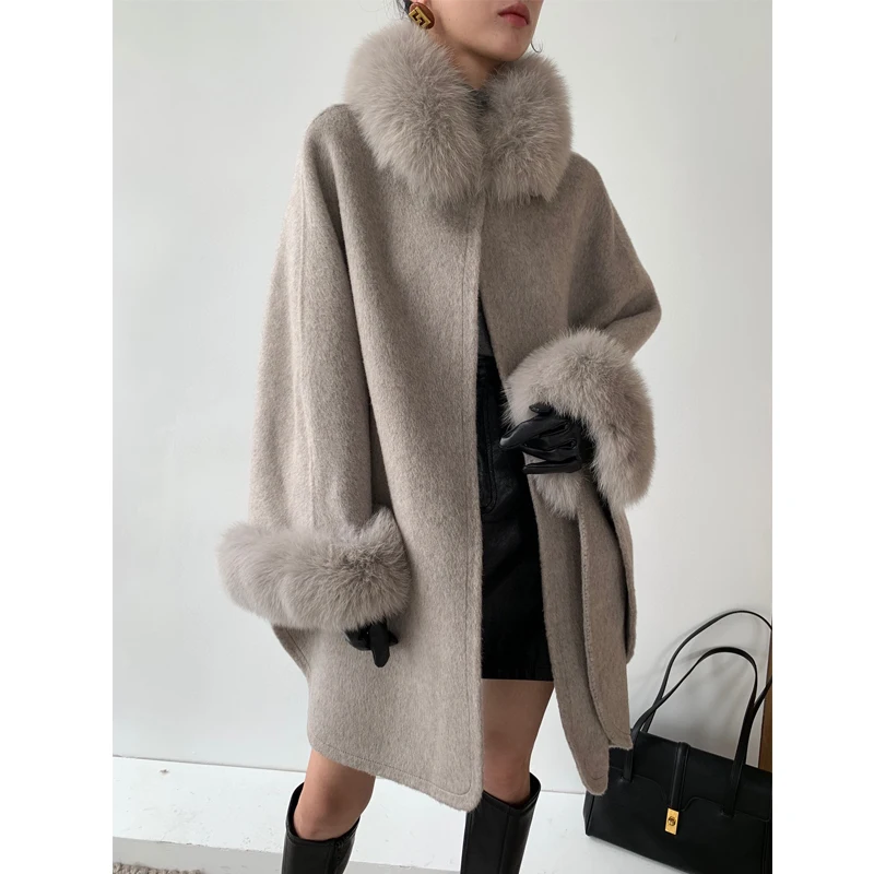 2024 Fall Winter Lady Cloak Cape 100% Double-faced Wool Coats Elegant Women Natural Fox Fur Collar Loose Goat Wool Poncho Coats