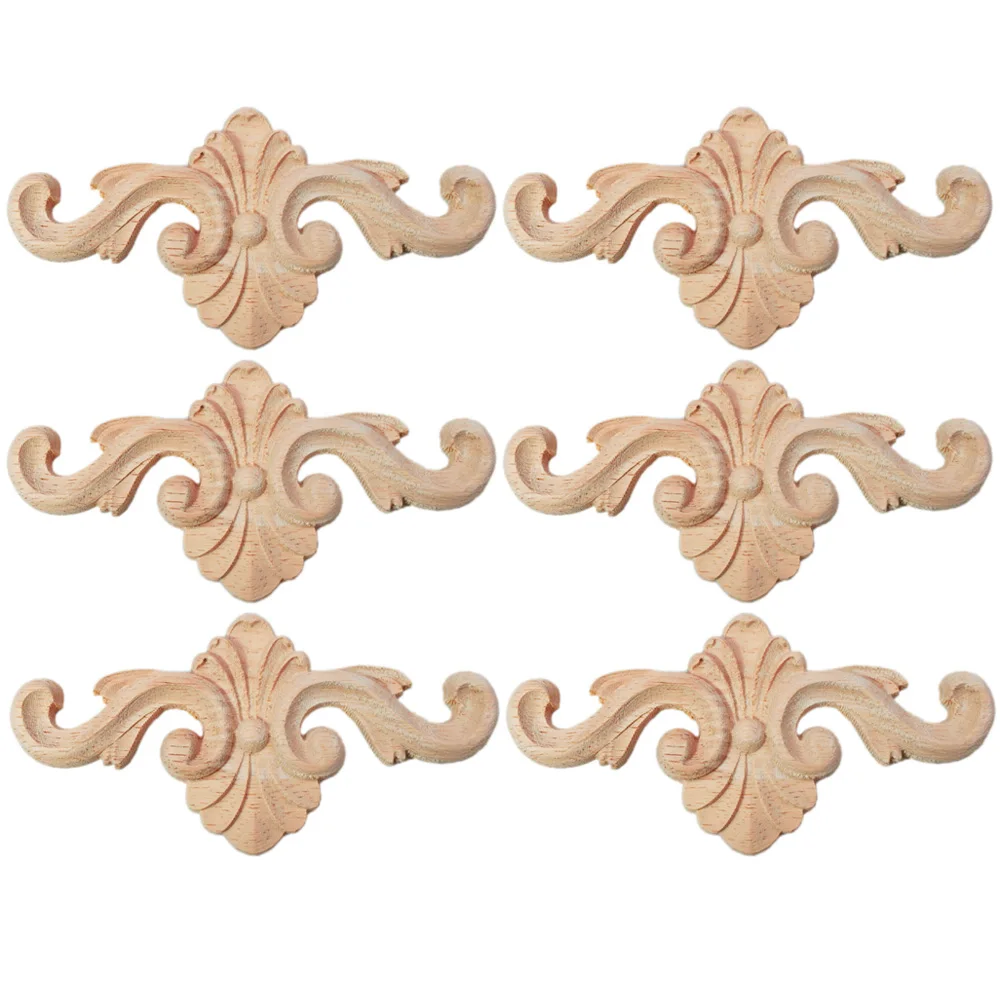 6PCS 12CM Carving Natural Wood Appliques for Furniture Cabinet Unpainted Wooden Mouldings Decal Vintage Decoration Accessories