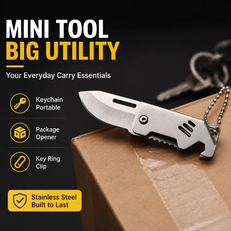 Stainless Steel Mini Pocket EDC Tool Keychain Pendant, Multipurpose Package Opener Key Ring Clip, Unisex Sporty Casual
