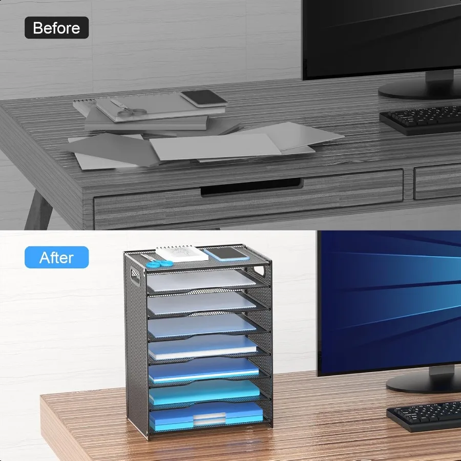 صينية رسائل تنظيم الورق مكونة من 8 طبقات مع منظم مستندات المكتب الشبكي المقبض مع 8 أوراق شفافة ومفرز باللون الأسود