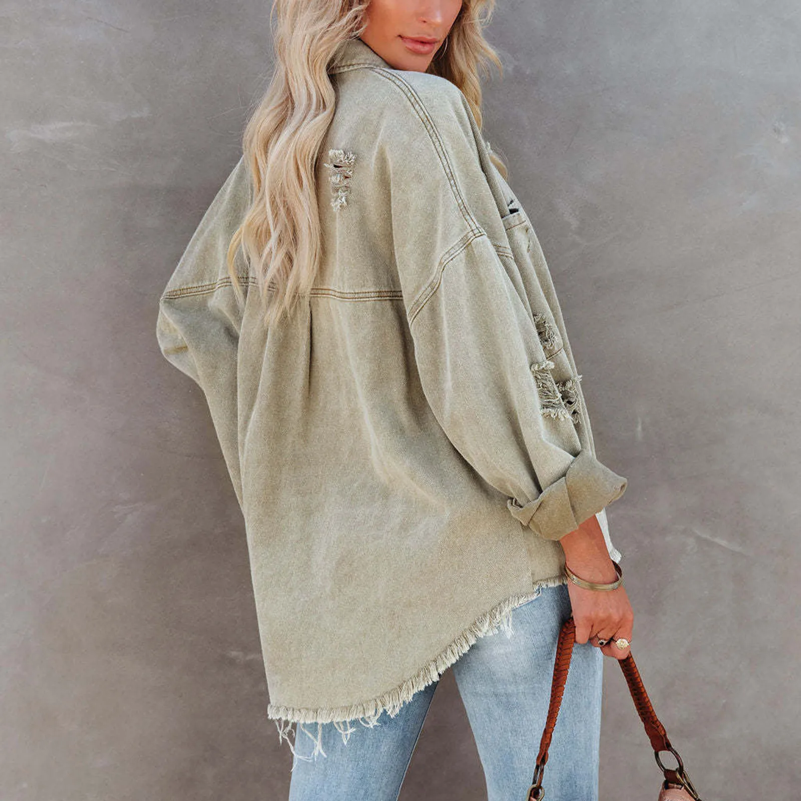 سترة نسائية عصرية ممزقة من قماش الدنيم بياقة مقلوبة وأكمام طويلة معطف بشراشيب واحدة الصدر قمصان وبلوزات فضفاضة ملابس خارجية