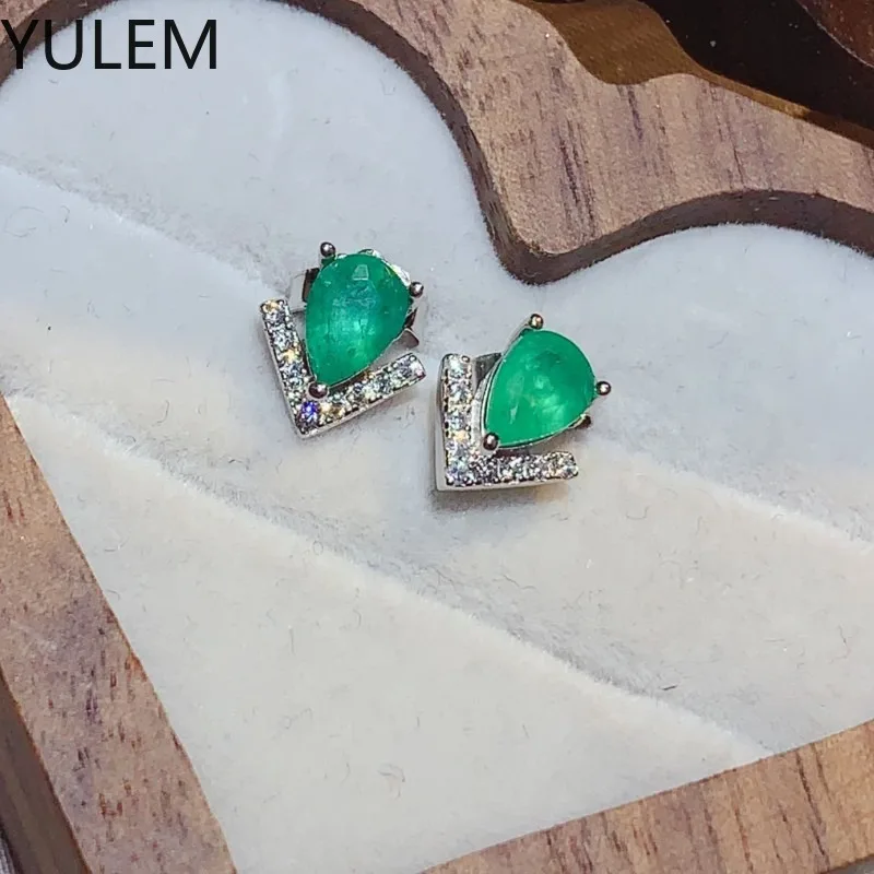 

YULEM 4mm * 6mm Real Natural Emerald Earrings Sterling 925 Silver Fine Jewelry For Women Lady Party Wedding Gift with Box