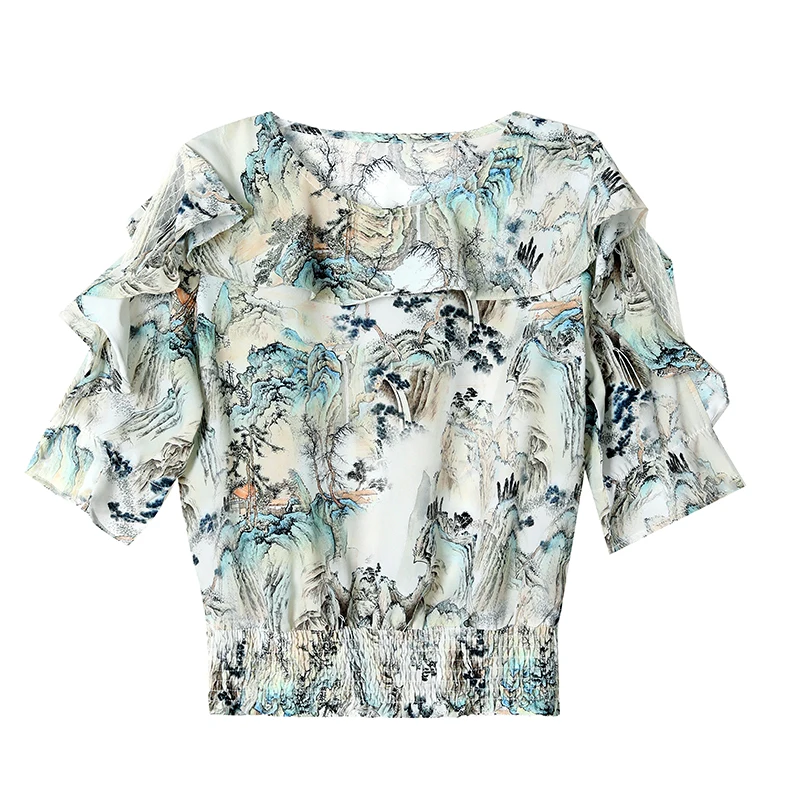Summer Floral Printed Shirt Elegant Fashion Women Chiffon Blouse 3/4 Sleeve Patchwork Mesh Casual Tops