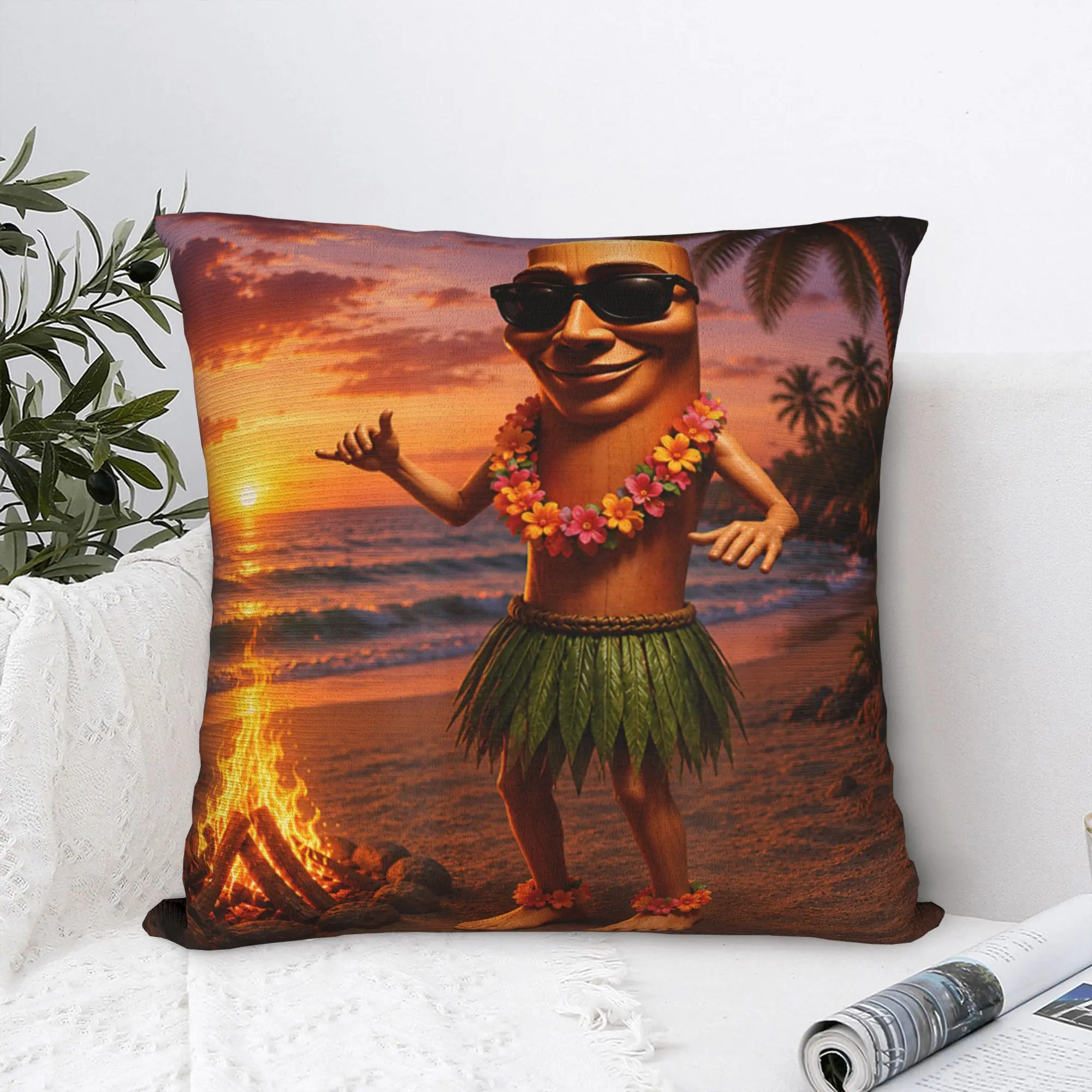 Funda de almohada Tung Tung Sahur Hawaiian Beach Sunset Meme Dance Brainrot, funda de almohada personalizada para sofá, decoración del hogar