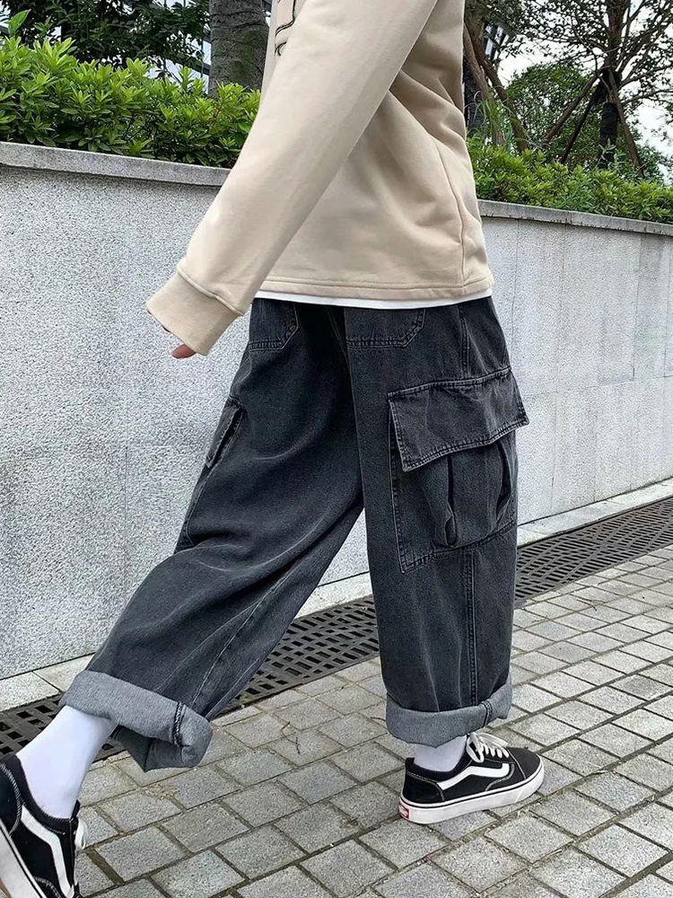 Baggy Jeans Men\'s Oversize Streetwear Fashion Wide Leg Cargo Pants Hip Hop Harajuku Multi-Pocket Denim Trousers Black Blue