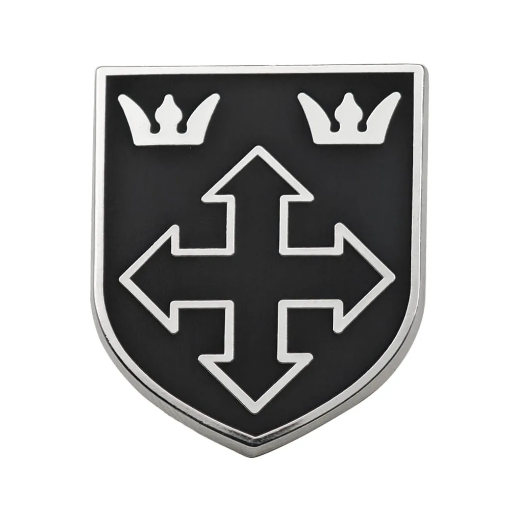 Medieval Shield Crest Brooch Two Crowns Cross with Arrows Lapel Pin Military Tactical Metal Badge Gothic Punk Jewelry Fans Gift