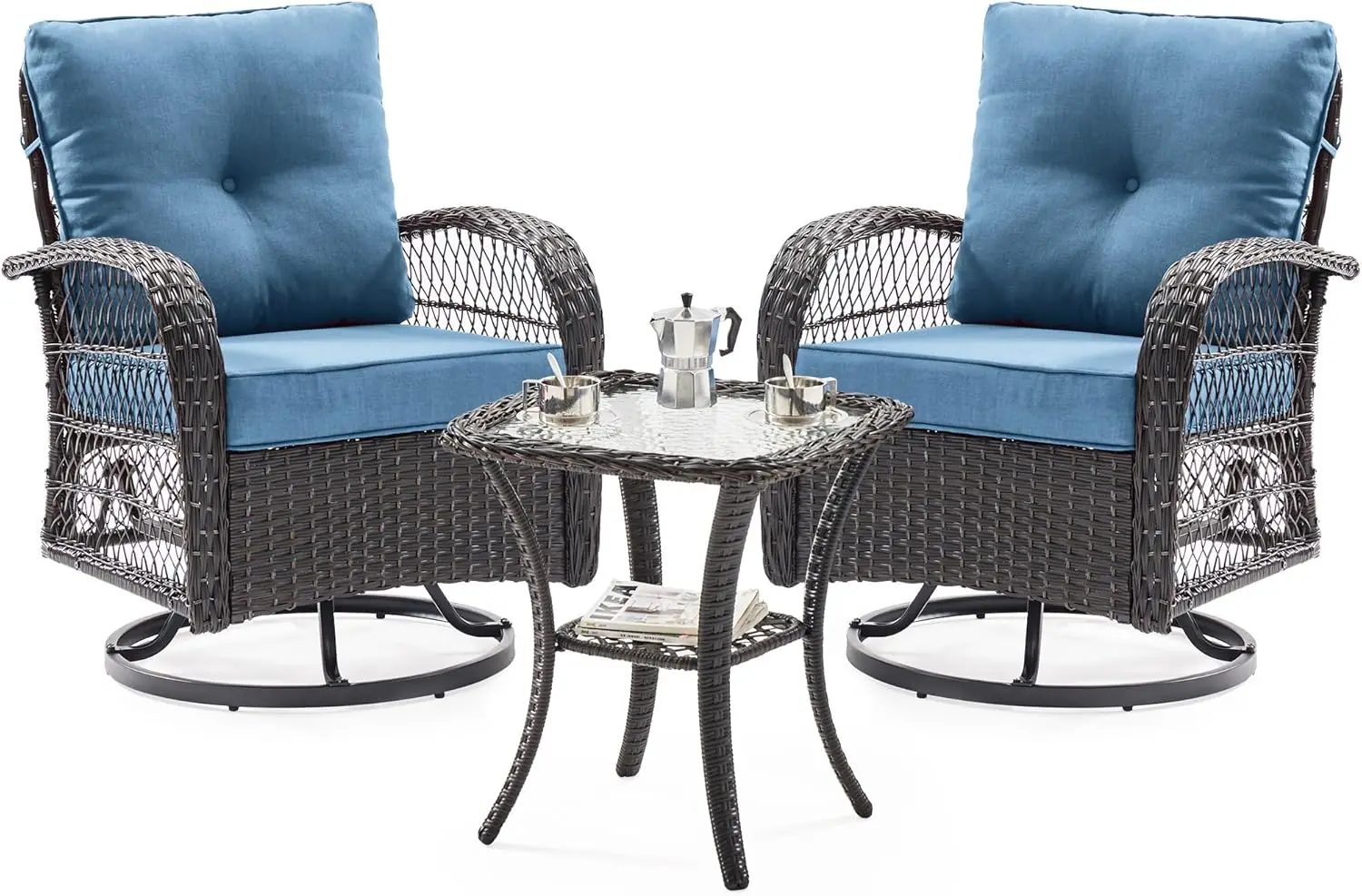 3 Pieces Patio Furniture Set, Outdoor Swivel Gliders Rocker, Wicker Patio Bistro Set with Rattan Rocking Chair, Glass Top Side