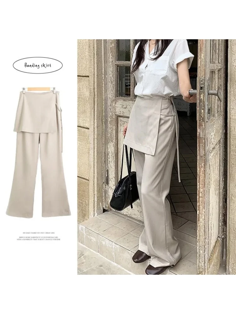 Korean Style High Waist Rope Tie Illusory Two-Piece Slimming Drapey Casual Straight Leg Long Pants Women Versatile