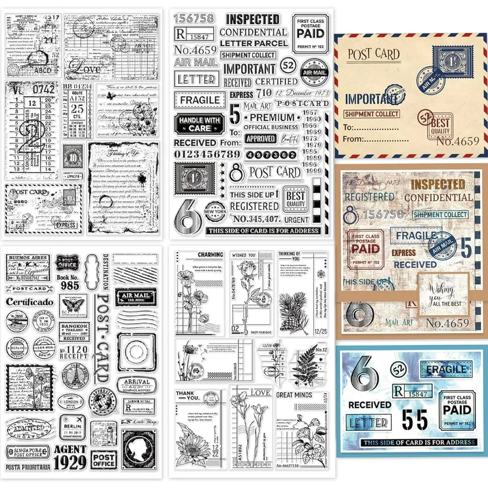 4 枚ビッグサイズヴィンテージ郵便ポストカードクリアスタンプカード作成用 11.7 × 8.3 インチテキスト背景シリコンスタンプシール