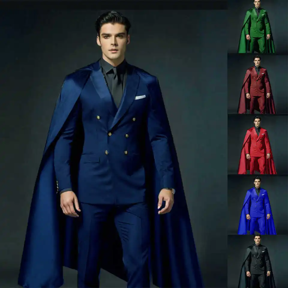 

Design Wedding Groom Tuxedos Slim Fit 2 Pieces Jacket Pants Double Breasted With Cape Formal Party Prom Men's Suits Customized