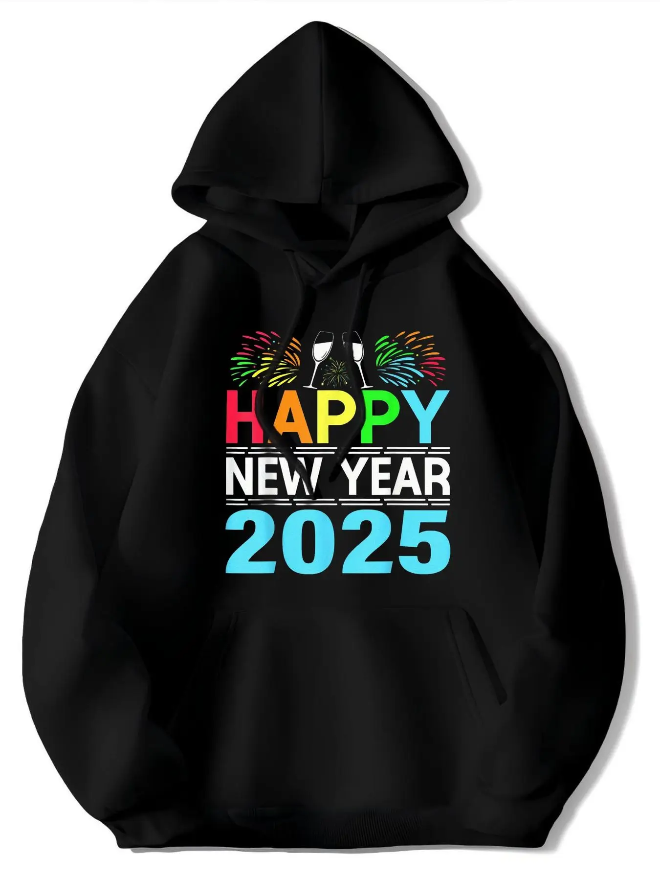 

2025 Happy New Year Hoodie - Black with Turquoise 2025 Print and Champagne Paper Design, Loose Pullover