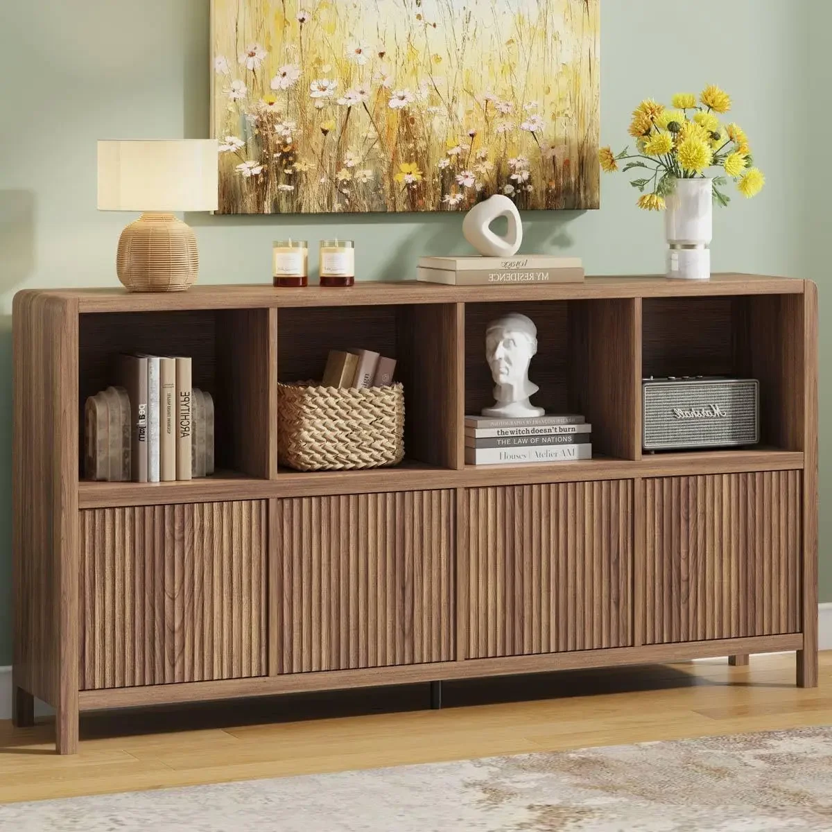 57 Inch Walnut Horizontal Bookshelf 8 Open Cubes 4 Closed Door Storage Cabinet Wooden Bookcase Storage Shelving Unit for Living Room Dining Room Home Office