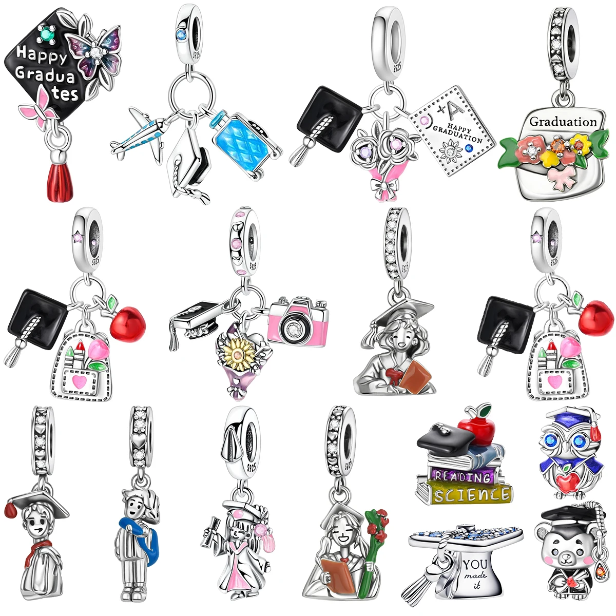 S925 Silver Graduation Charm Set Graduation Cap Certificate Book Owl Bead DIY Bracelet Necklace Gift Student Souvenir Jewelry