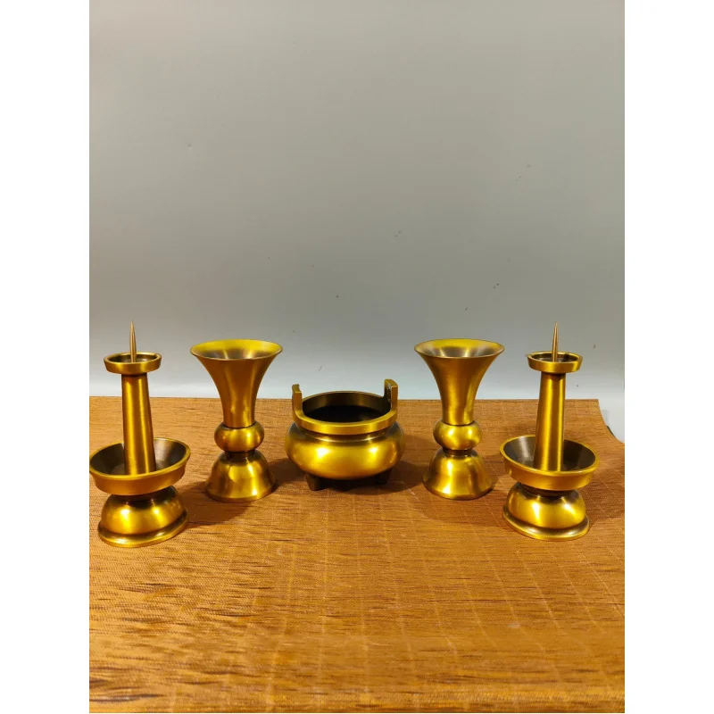 Brazen Buddha First Five Incense Burner Candlestick Incense Tube a Set of Solid Brass Household Buddha Utensils Worship Supplies