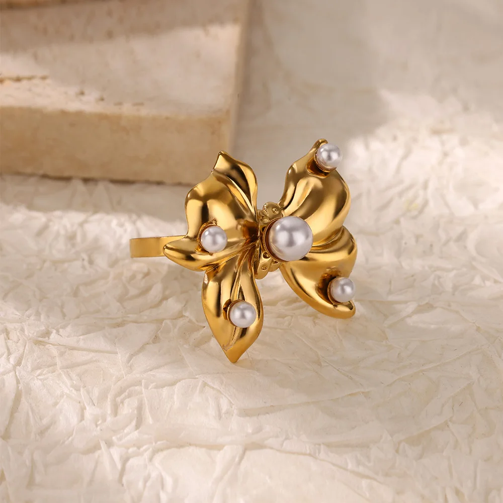 여성용 빈티지 진주 장식 러브 하트 나비 매듭 반지, 조정 가능한 스테인레스 스틸 패션 액세서리, 우아한 보석 디자인