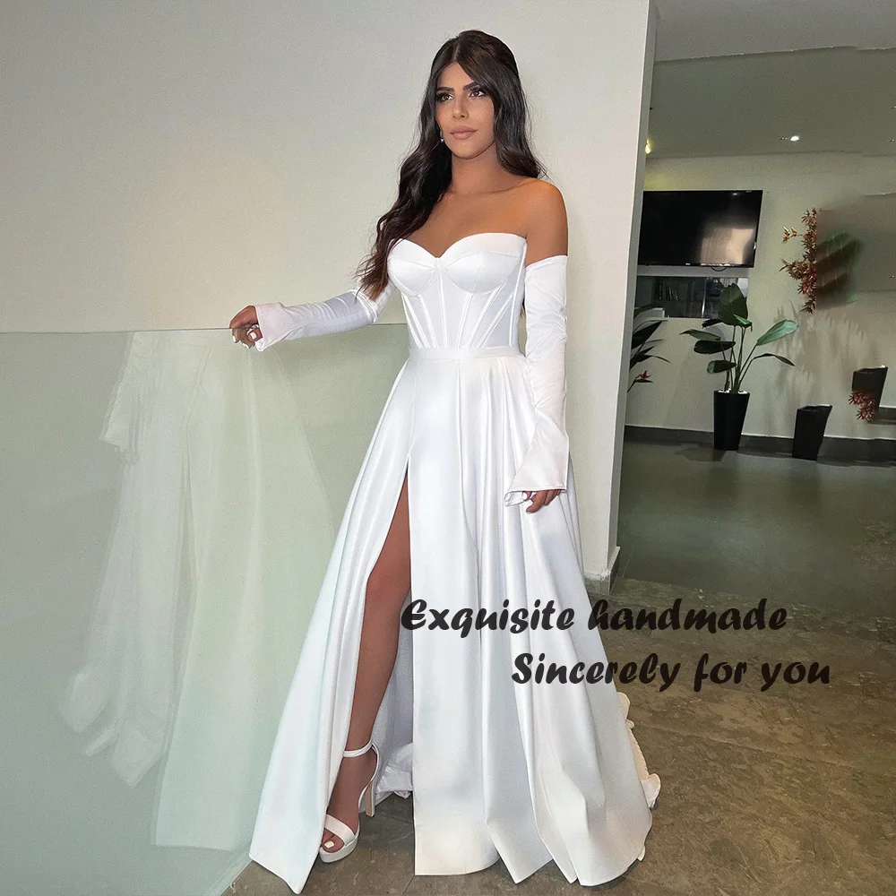 

White A Line Wedding Dresses Side Split Pleats Satin Sweetheart Bride Dress Israel Wedding Bridal Gowns Floor Length