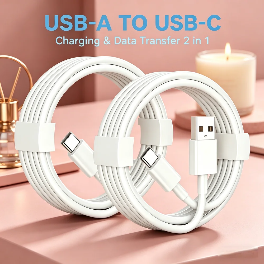 2-Pack 3M USB A to Type C Fast Charger Cable, Durable Data Sync Cord for iPhone 15 to 17 Samsung Huawei Lenovo Digital Equipment