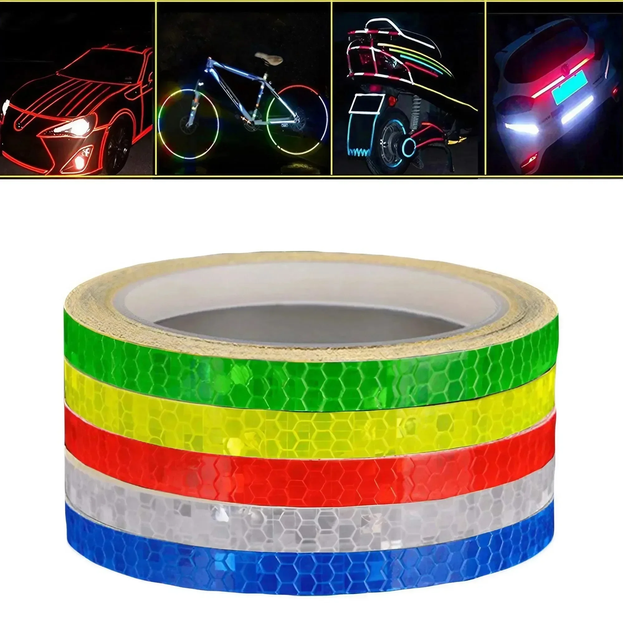 Reflective Tape for Night Riding - 5 Colors, 1cm x 8m, Glow-in-the-Dark Rim and Safety Strips for Cars and Bicycles