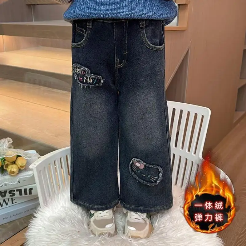 Jeans Sanrio Kuromi Hello Kitty Straight Pants Girl Winter Integrated Velvet Trousers Thickening Cartoon Children Velvet Pants