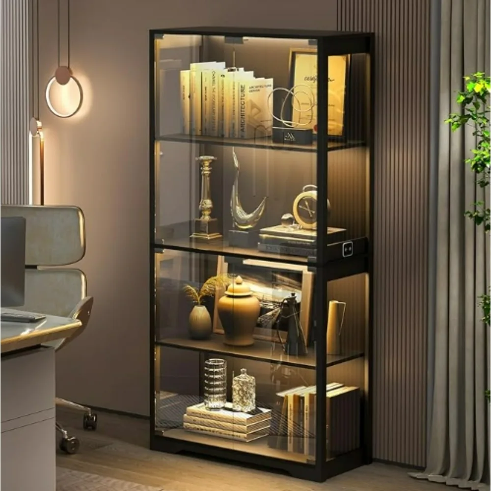 Display Cabinet with Glass Doors, 4-Tier Curio Cabinet with 3 Color Lights for Collectibles, Glass Display Case with Human Body