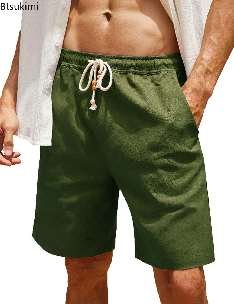 Summer Casual Shorts for Men Solid Breathable Cotton Linen Pocket Beach Pants Men's Loose Drawstring Straight Leg Sport Shorts