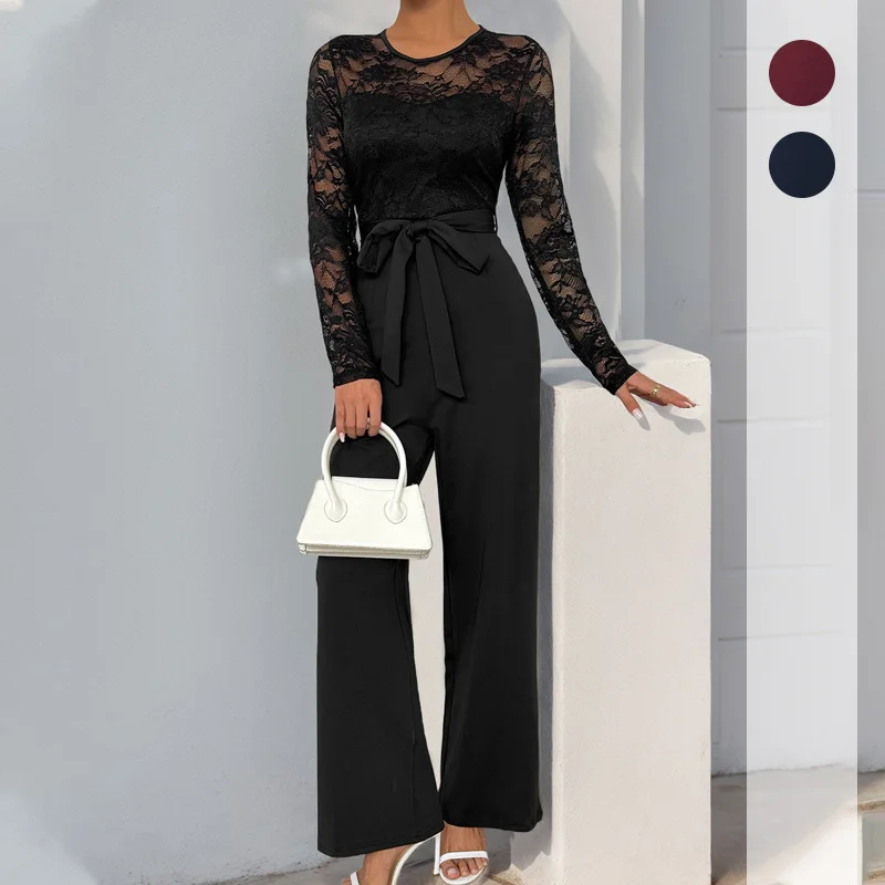 

New Women's Jumpsuit Lace Hollow O-neck Patchwork High-waisted Lace-up Elegant Fashion Office Zipper Straight Jumpsuits