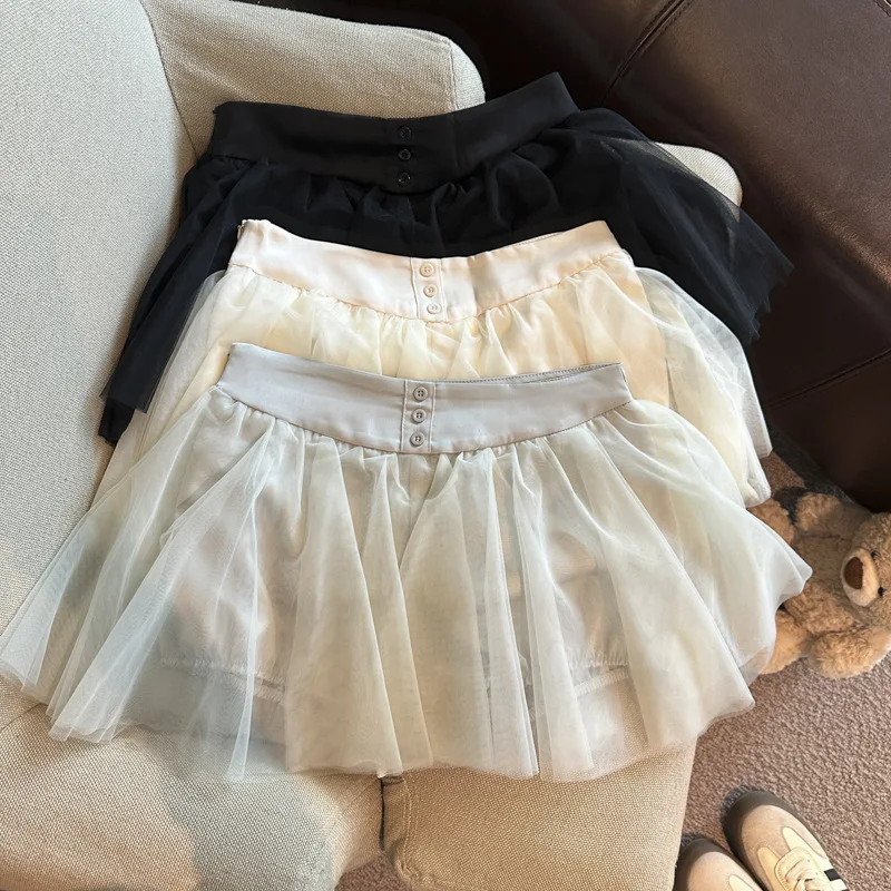 2026 Design Sense Mesh Splicing Cake Skirt Women's Sweet Fluffy Bud Skirt