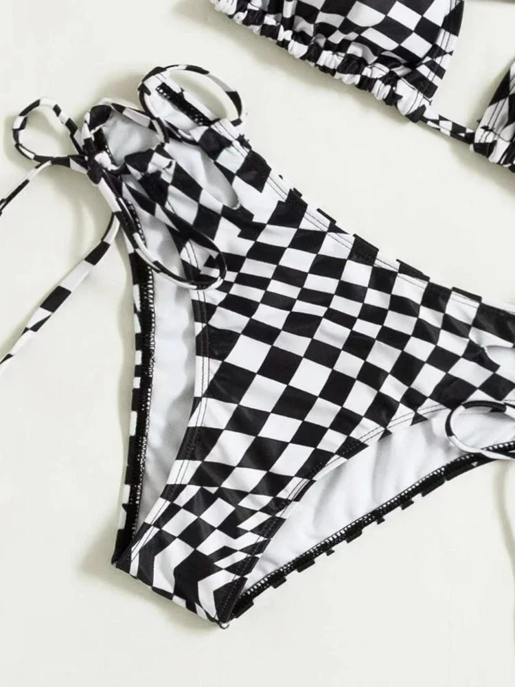 2025 New Black White Checkered Print 3 Piece Swimsuit for Women Triangle Suspender Backless Bikini Set Beach Bathing Suit Summer